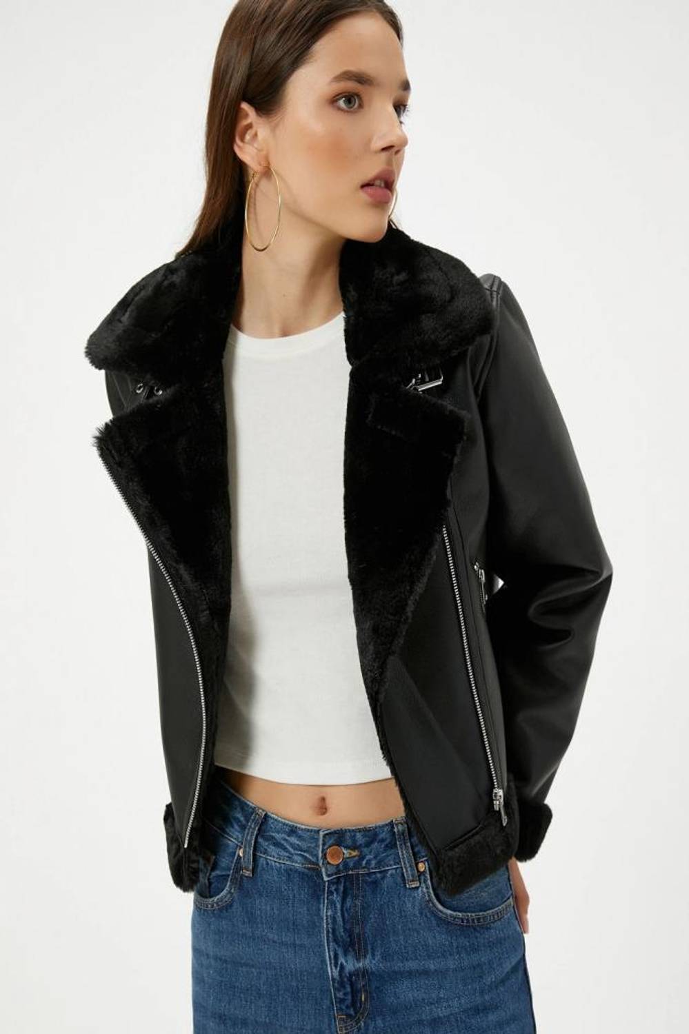 Koton Kürklü Fermuarlı Cepli Biker Mont