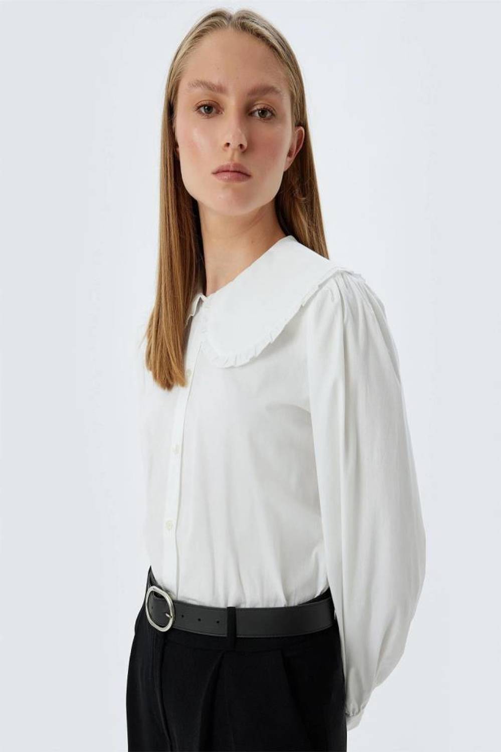 Koton  Kırık Beyaz Kadın Pamuk Dokuma Uzun Kollu Gömlek