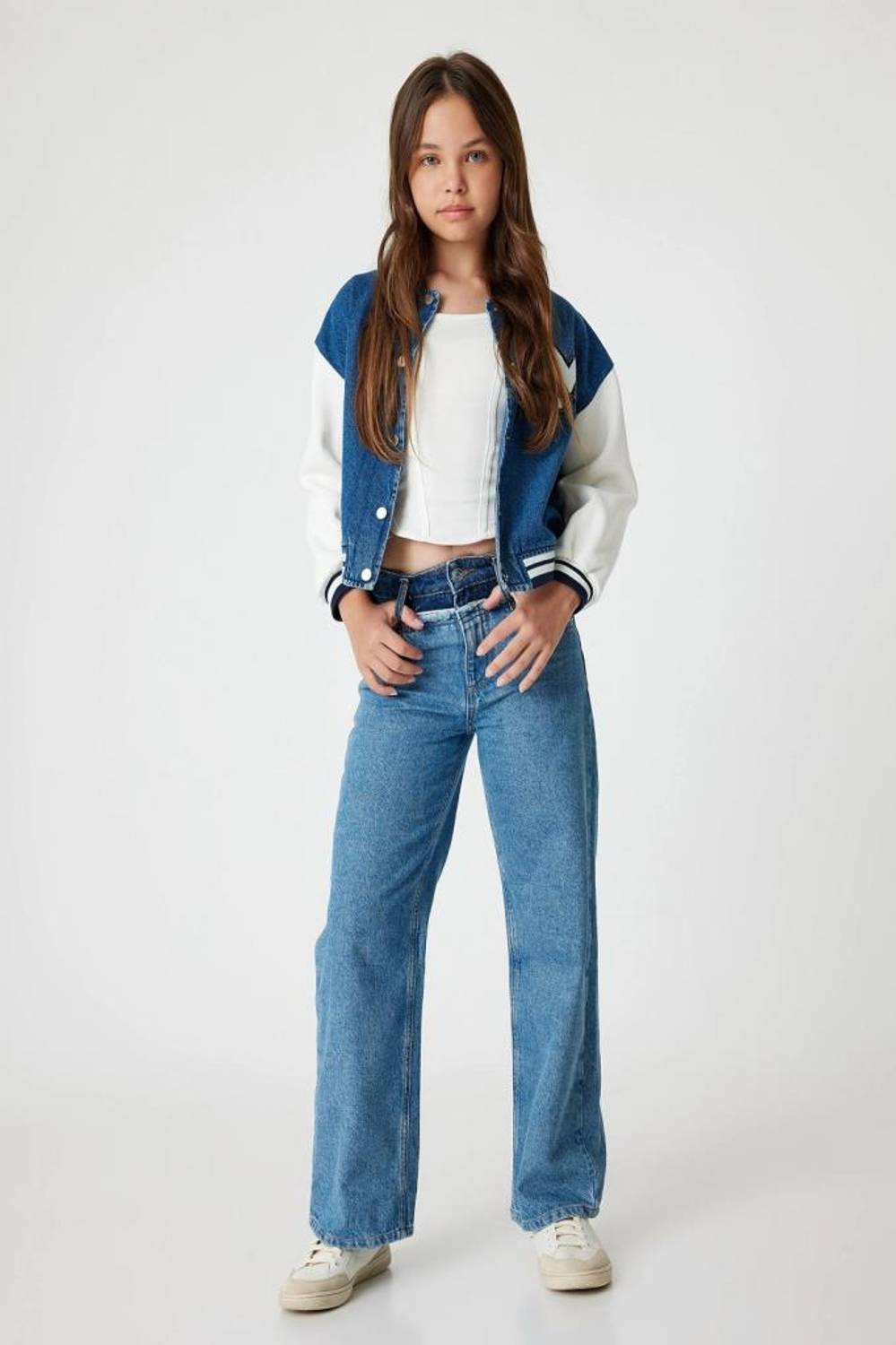 Джинси для дівчаток Koton з широким кроєм і кишенями, з бавовни, з високою талією, у кольорі індиго