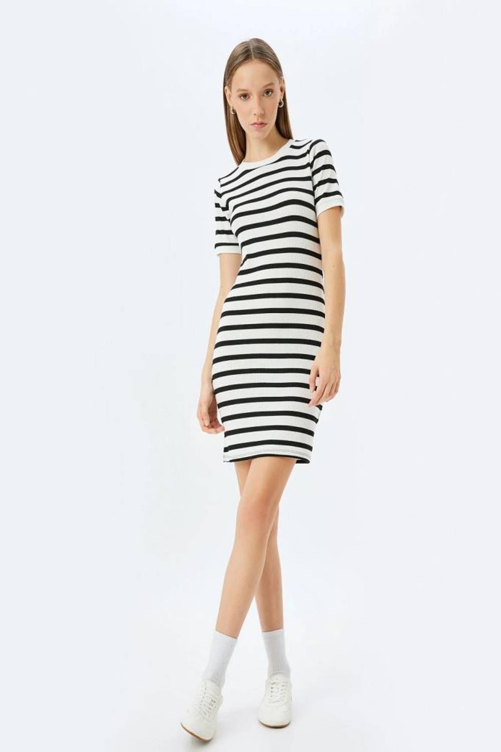 Koton Mini Bisiklet Yaka Kısa Kollu Fitilli Slim Fit Elbise