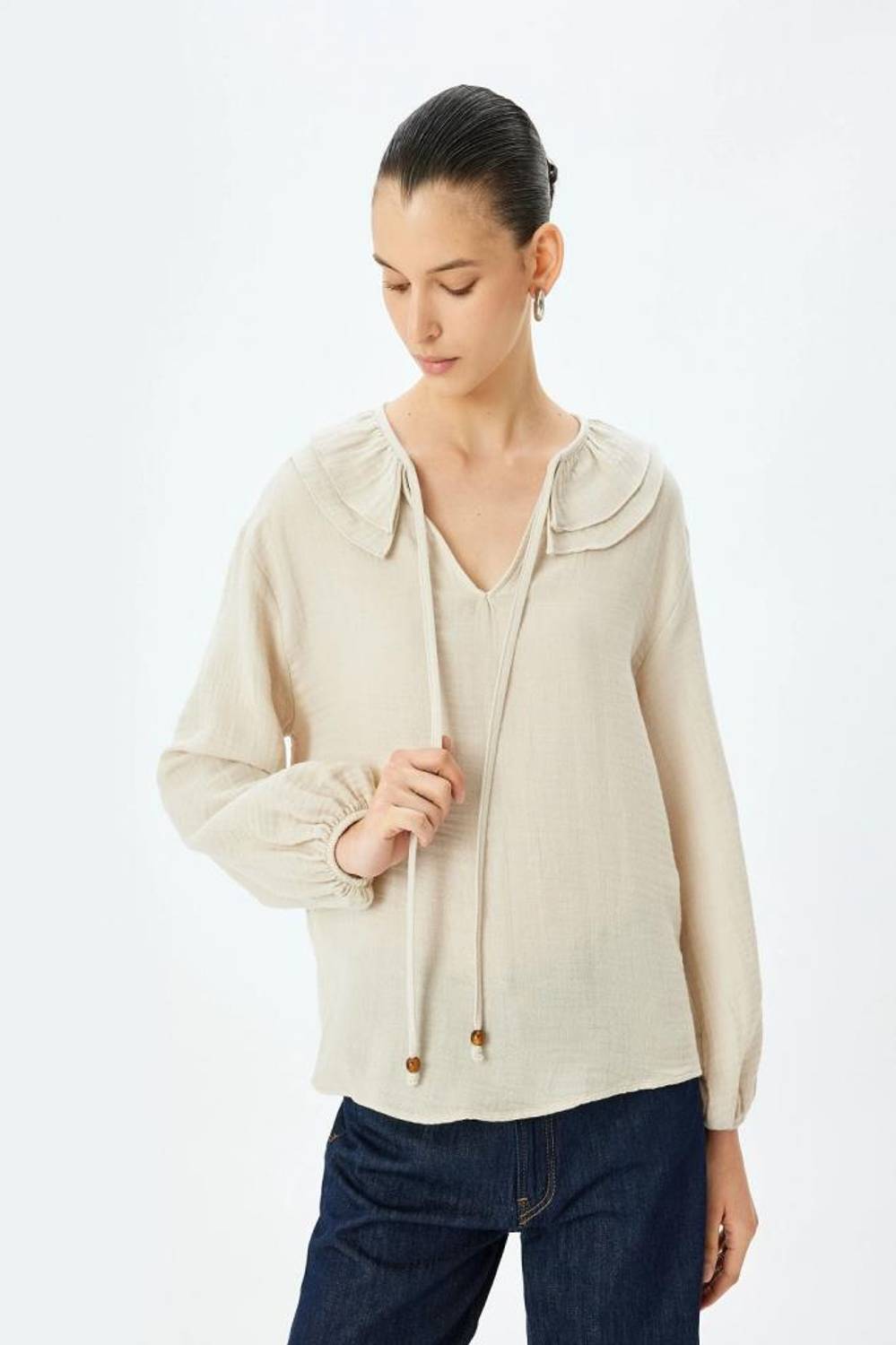 Блузка из муслина с длинными рукавами и воротником-«бэби» в стиле Casual, кремовая, удобная и стильная, для офиса и повседневной носки