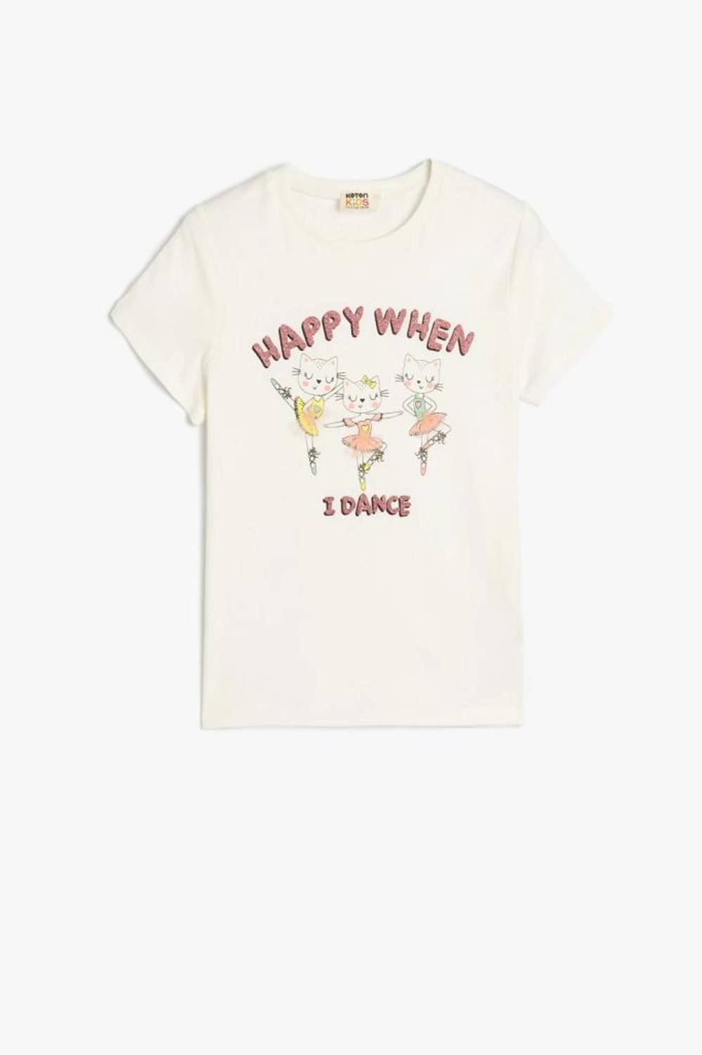 Koton Kız Çocuk Tişört Kısa Kollu Kedi Baskılı Bisiklet Yaka Pamuklu