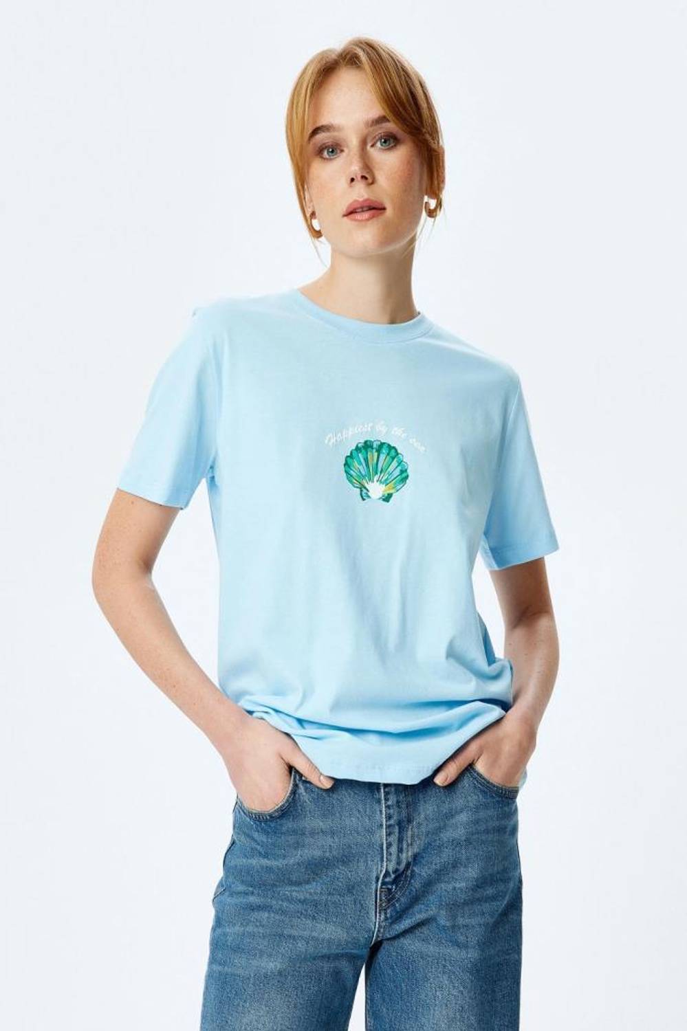 Koton Pamuklu Kısa Kollu Bisiklet Yaka Deniz Kabuğu Baskılı Tişört