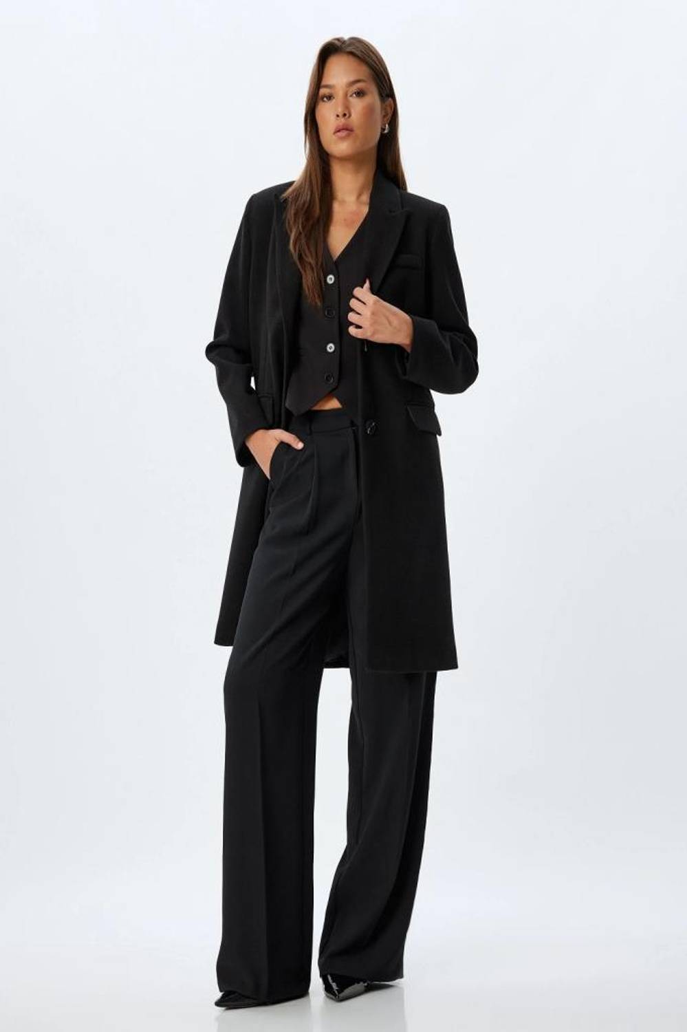 Koton Long Double-Breasted Wool Blend Coat with Reversed Collar and Pockets in Black