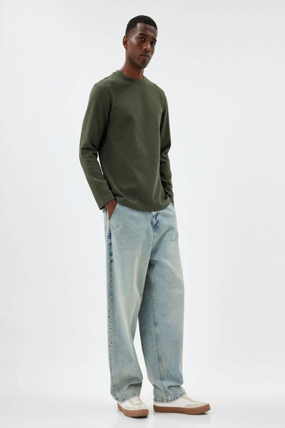 Котон пуловер с круглым вырезом из текстурного хлопка, цвет хаки, размеры S-XXL, стильный и экологичный выбор