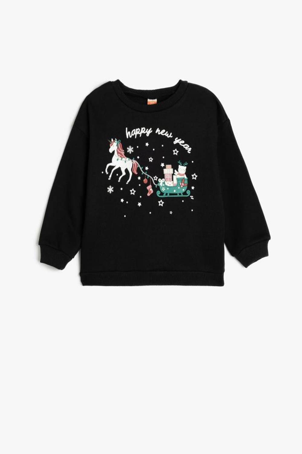 Свитшот для дівчаток Koton з новорічним принтом, довгі рукави, бавовняний, чорний, безпечний для дітей