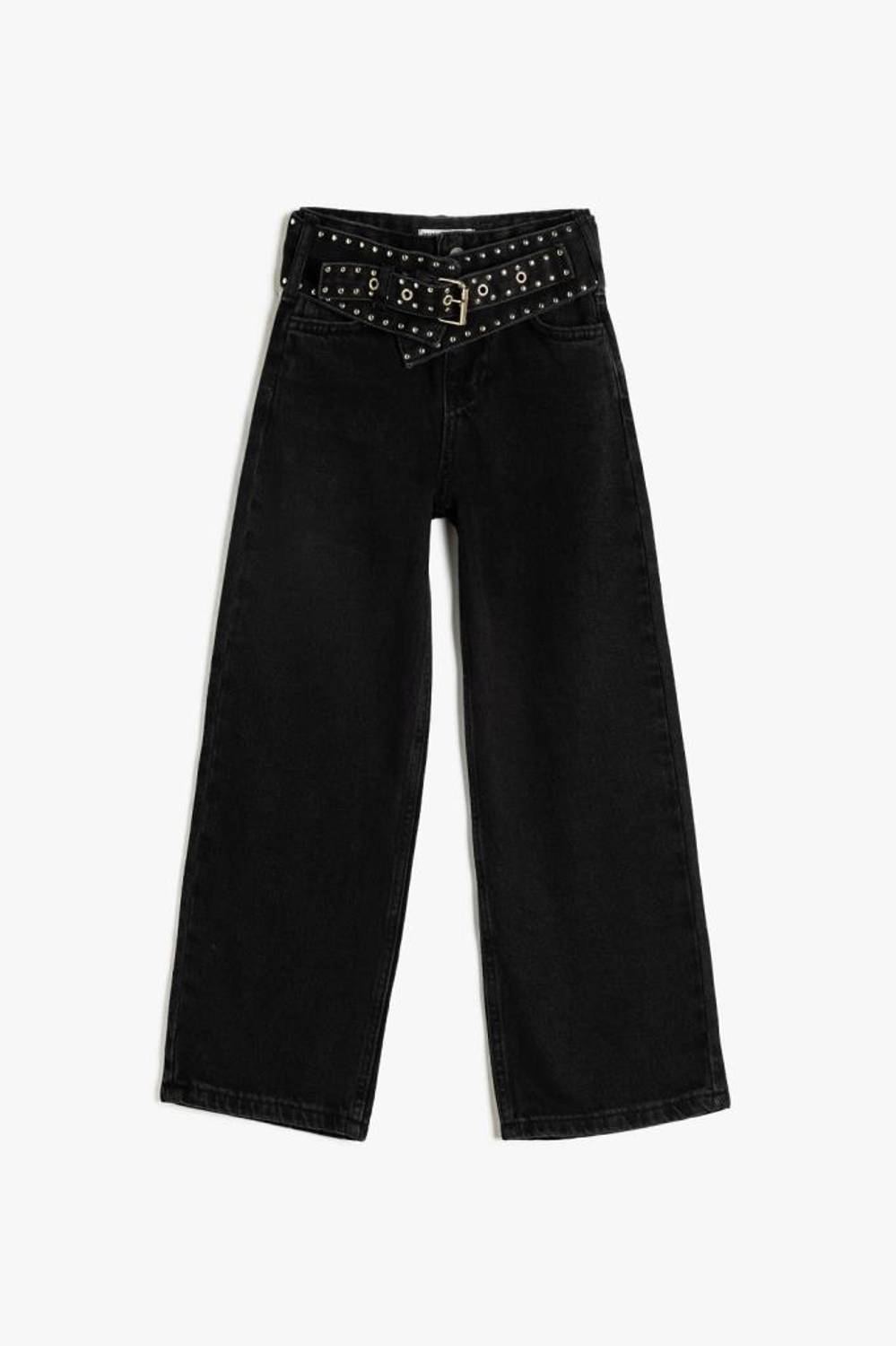 Koton Kız Çocuk Geniş Paça Kot Pantolon Kemerli Cep Detaylı Pamuklu