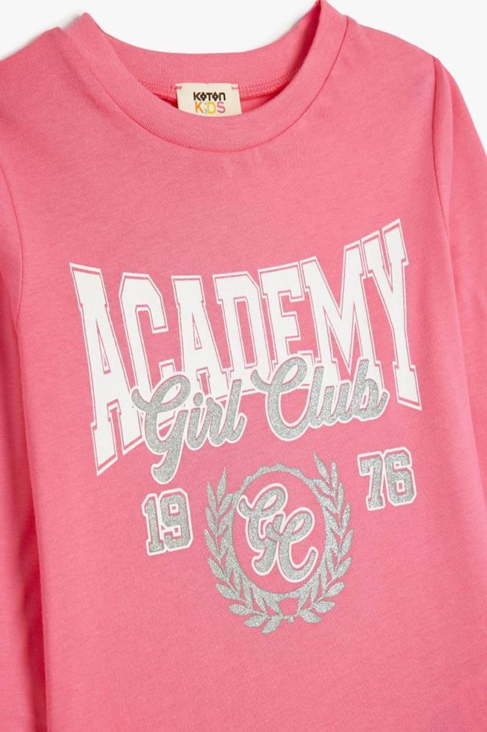 Koton Kız Çocuk Uzun Kollu Tişört Slogan Baskılı Bisiklet Yaka Pamuklu