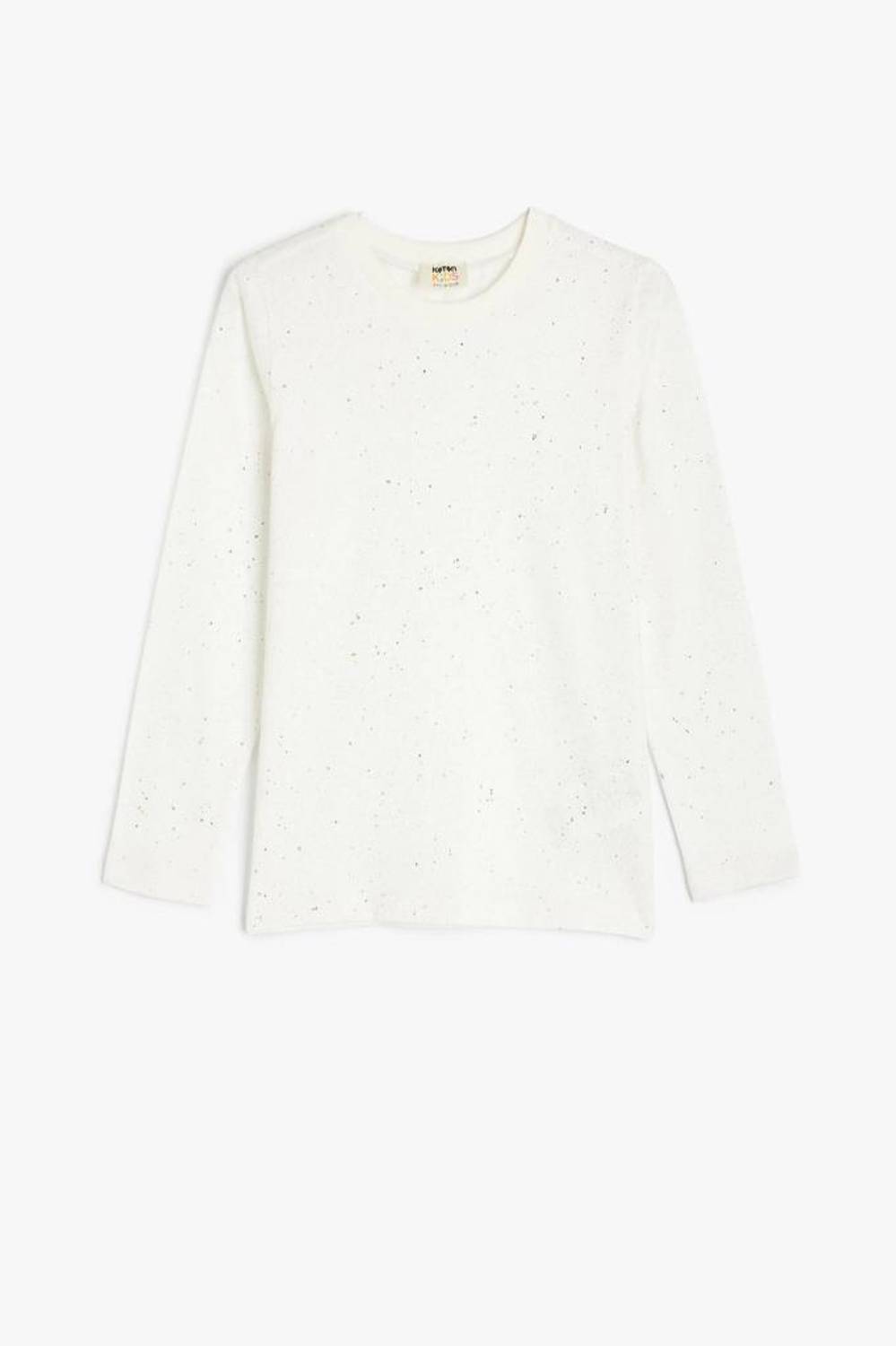 Дитяча футболка з білим кольором, довгими рукавами та круглим вирізом, виготовлена з 100% бавовни з декоративними паєтками