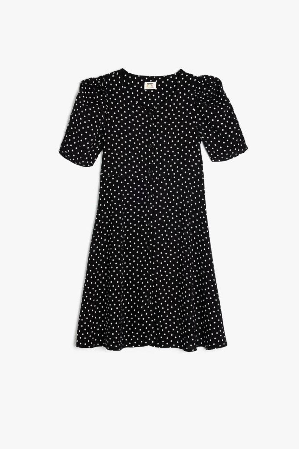 Koton Kız Çocuk Puantiyeli Elbise Balon Kollu Düğme Kapamalı Viskon Kumaş