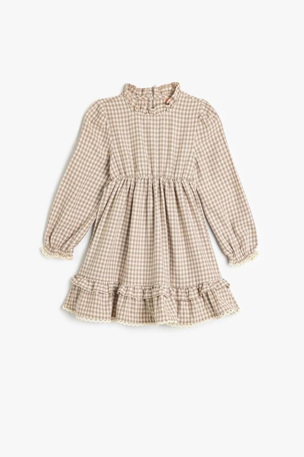 Koton Kız Bebek Ekoseli Fırfır Detaylı Hakim Yaka Pamuklu Midi Elbise