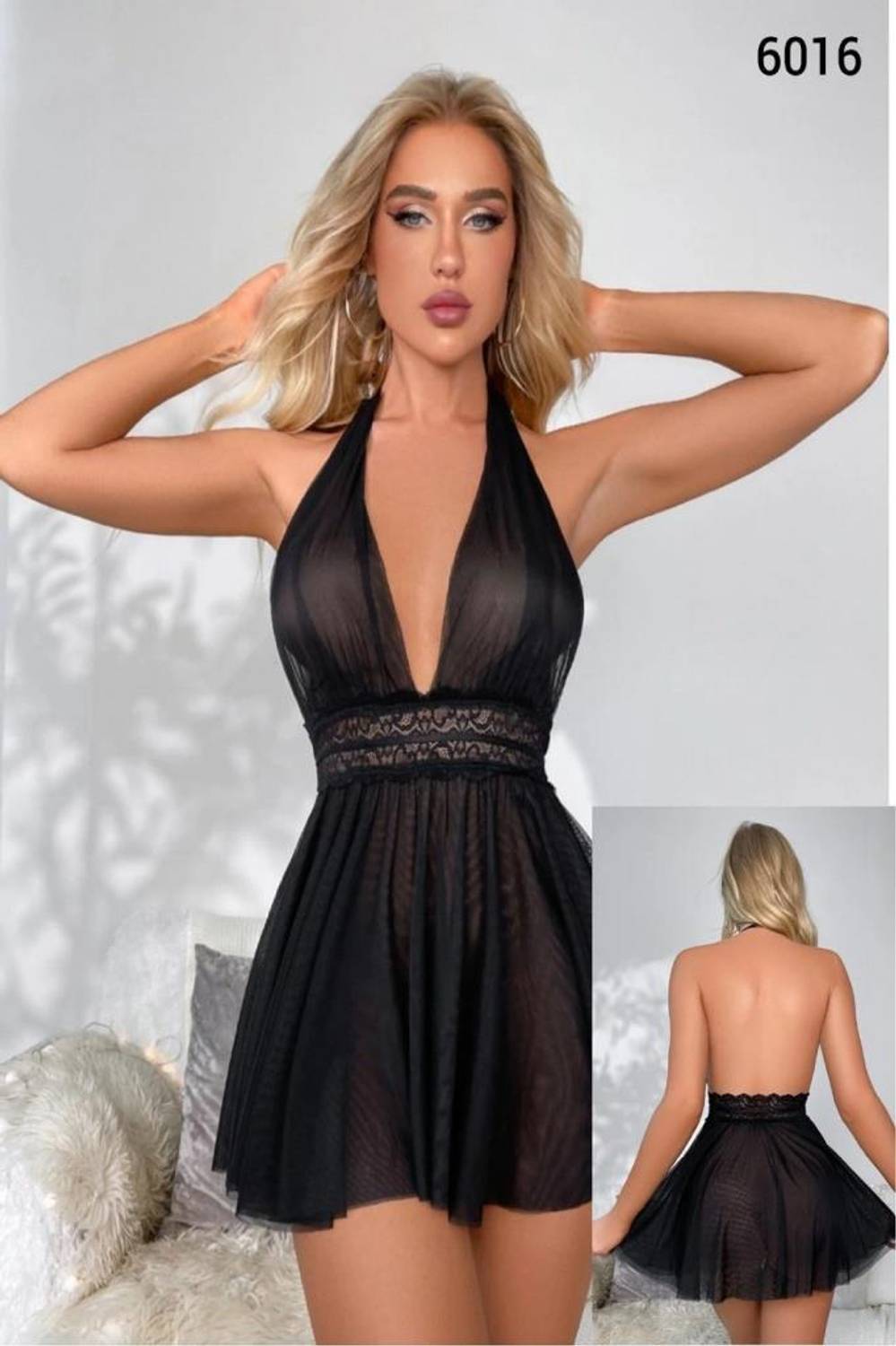 Hipatu Sırt Dekolteli Boyundan Bağlı Siyah Fantezi Gecelik 6016