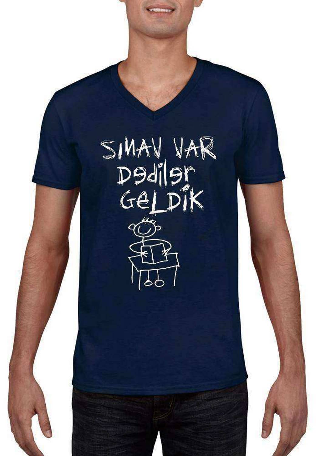 Футболка с V-образным вырезом "Экзамен" темно-синяя, комичный принт, узкий крой, мужская, Slim Fit, доступные размеры: XXS, XS, S, M, L, XL