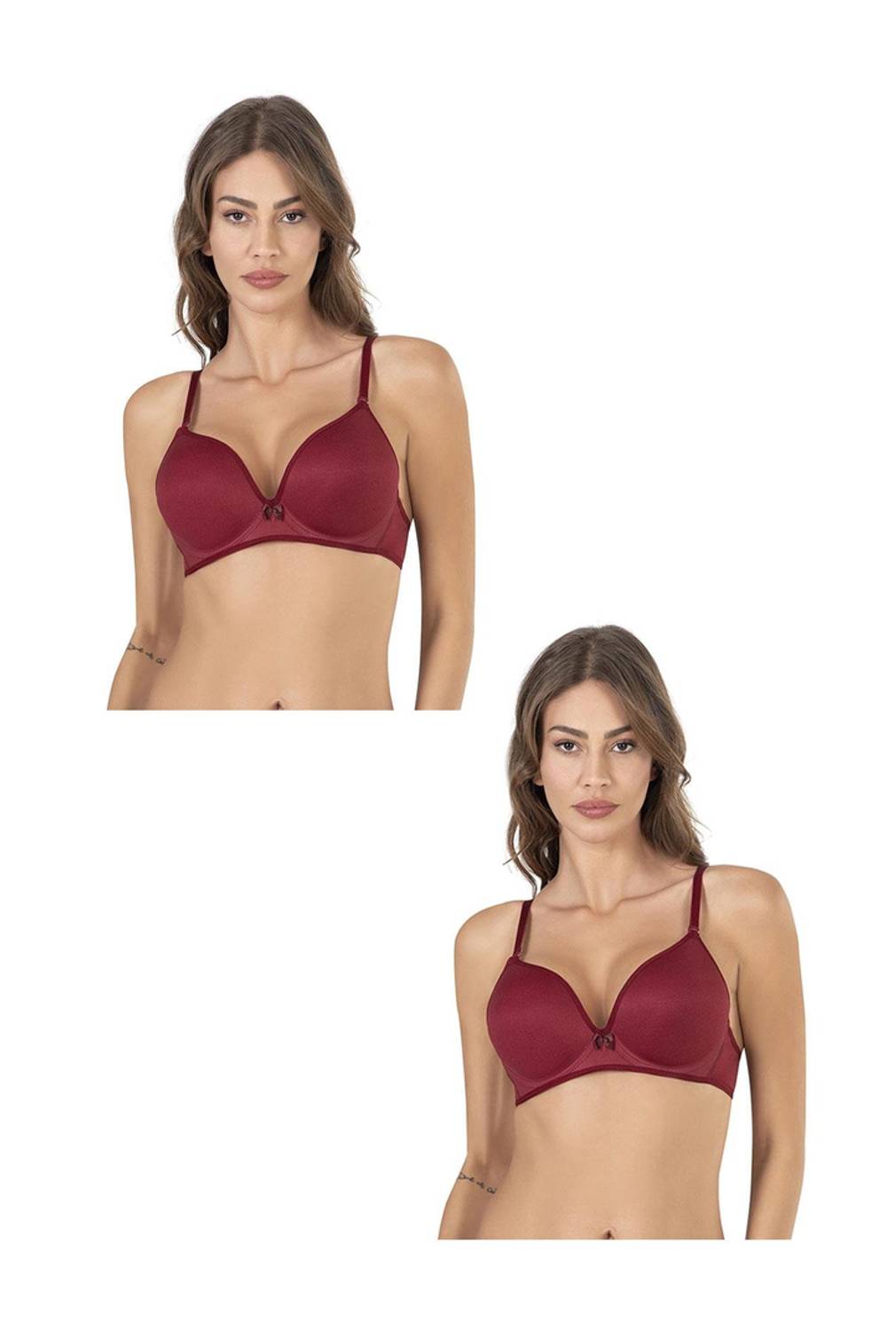 سوتيانات أساسية بدون دعم نسائية مكونة من قطعتين لون بوردو، مصنوعة من 86% بولياميد و14% سبانكس، منتج محلي خالي من المواد الضارة