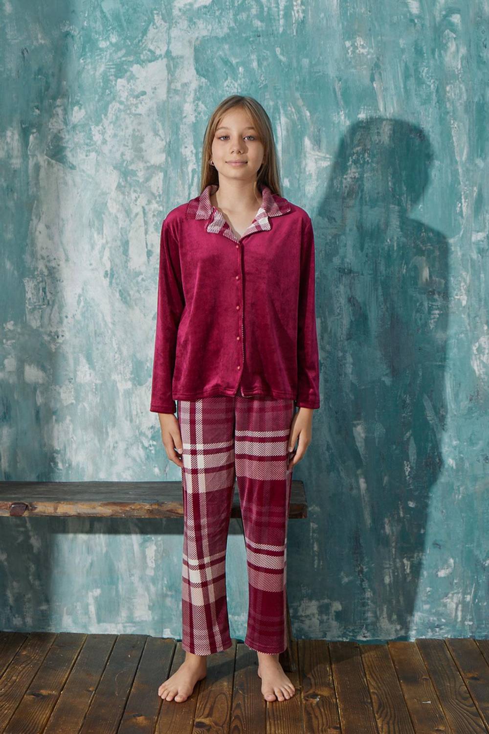 Комплект піжами для дівчаток з оксамиту, з довгими штанами та гудзиками спереду, з цікавим дизайном, 8/9-14/15 років