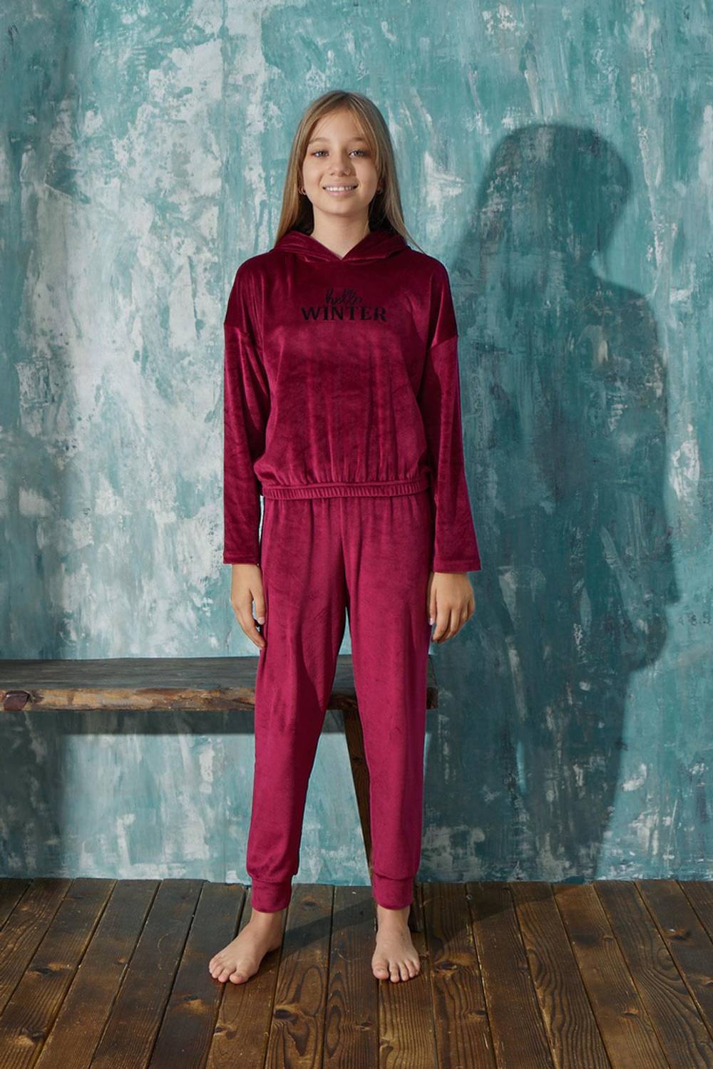 Дитячий піжамний комплект для дівчаток з капюшоном, з довгими штанами, з оксамиту, підходить для дому, модель Arcan 13904-1