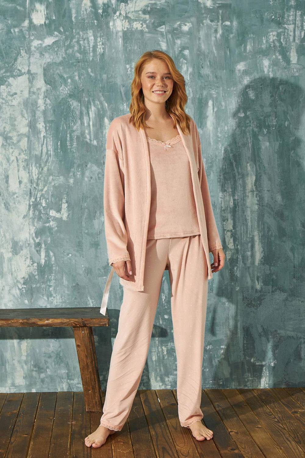 Жіночий велюровий халатний комплект з 3 одиниць, Arcan 13451-27, комфортний та стильний, 100% поліестер, доступний розміри S/M та XL