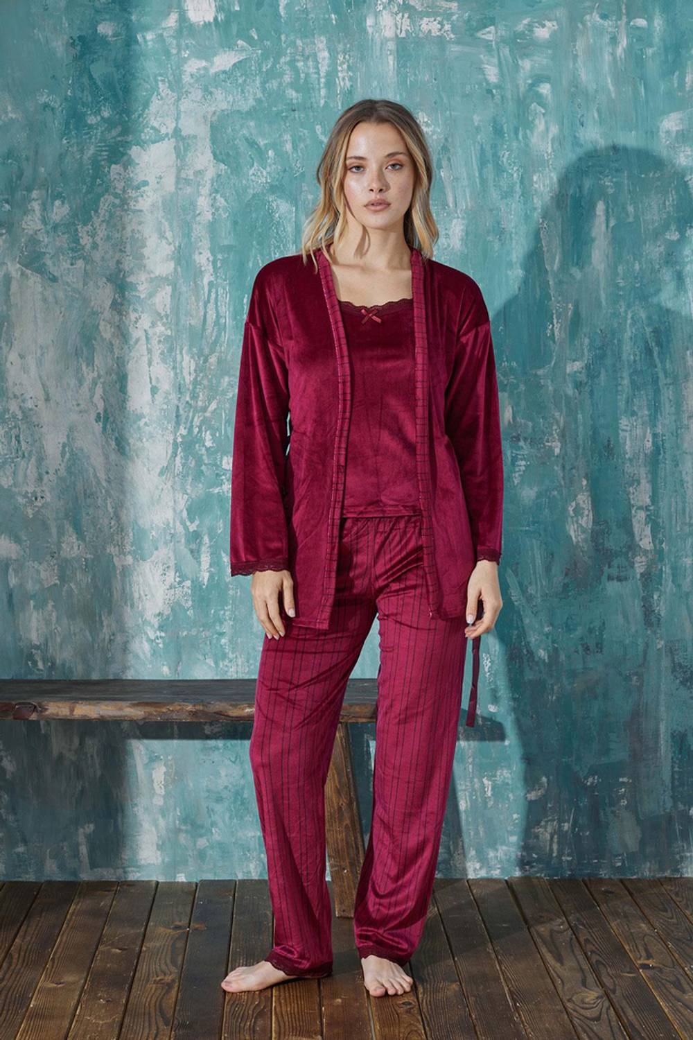 Жіночий костюм з довгим оксамитовим халатом, 3-ка, розміри S/M, XL, L, XXL