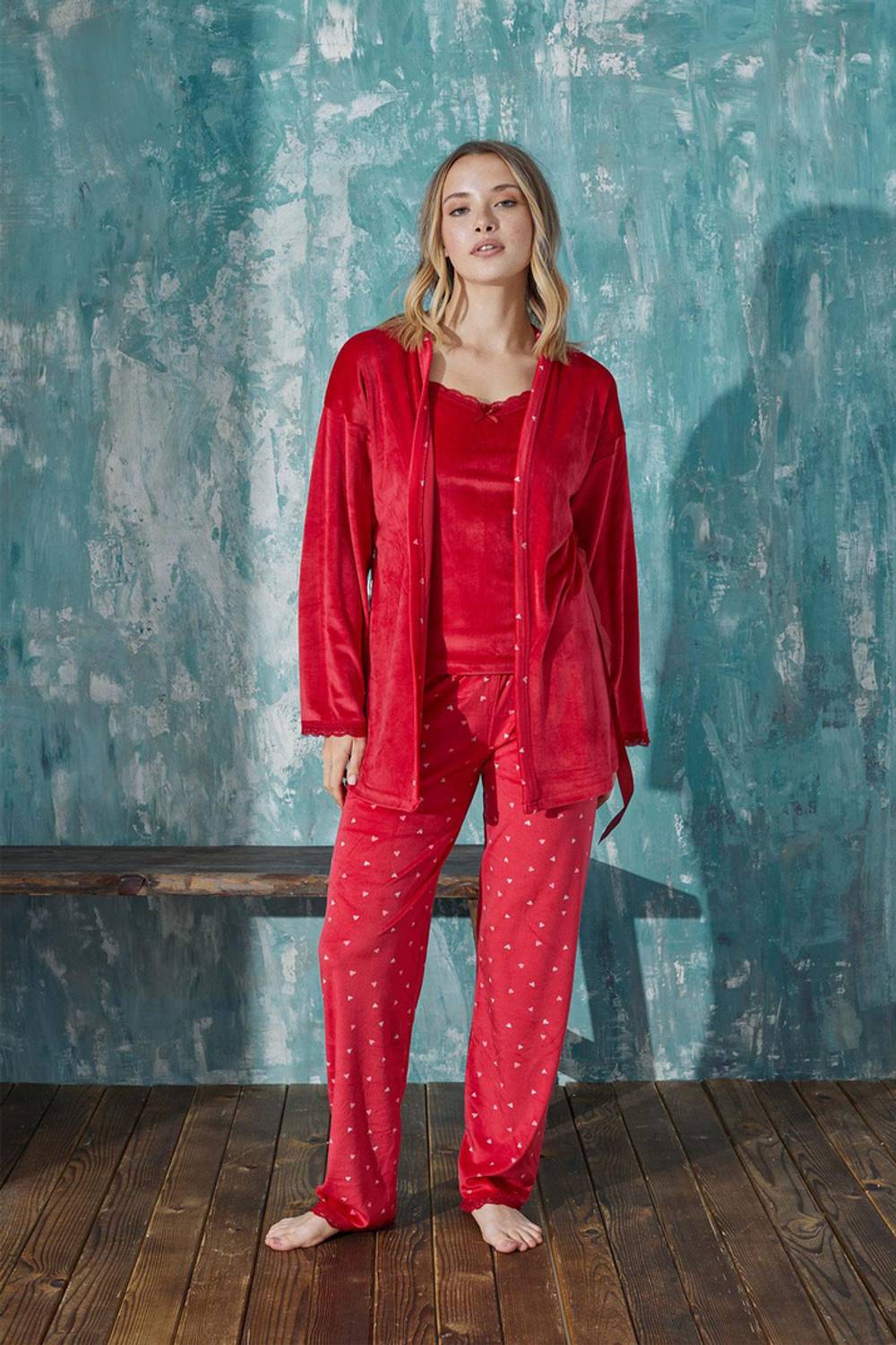 Жіночий комплект з бархатного халата та штанів, 3 предмети Arcan 13451-59, комфортний, натуральний, безпечний для здоров'я, розміри S/M, XL, L, XXL