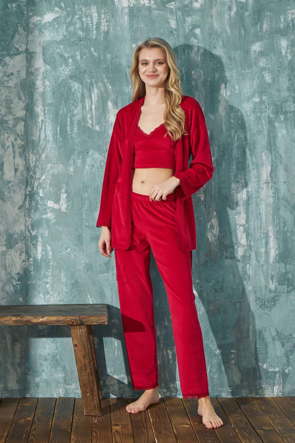 Жіночий вельветовий піжамний комплект з халатом, 3 частини, розміри XL, XXL, комфорт і стиль для дому