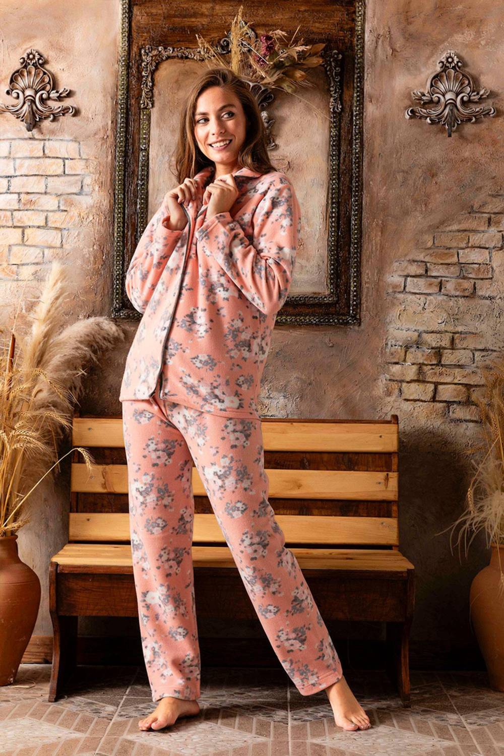 Жіночий молодіжний піжамний комплект з флісу з кнопками спереду | Sude M-200-266, 80% віскоза і 20% поліестер, комфортний домашній стиль