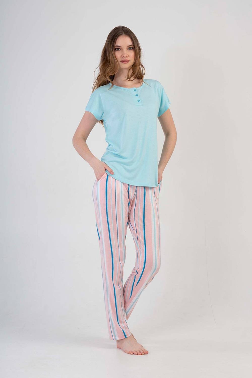 Женский пижамный комплект с коротким рукавом и длинными брюками Kompedan 2100963763, 80% вискозы, 20% полиэстера, комфортный и стильный