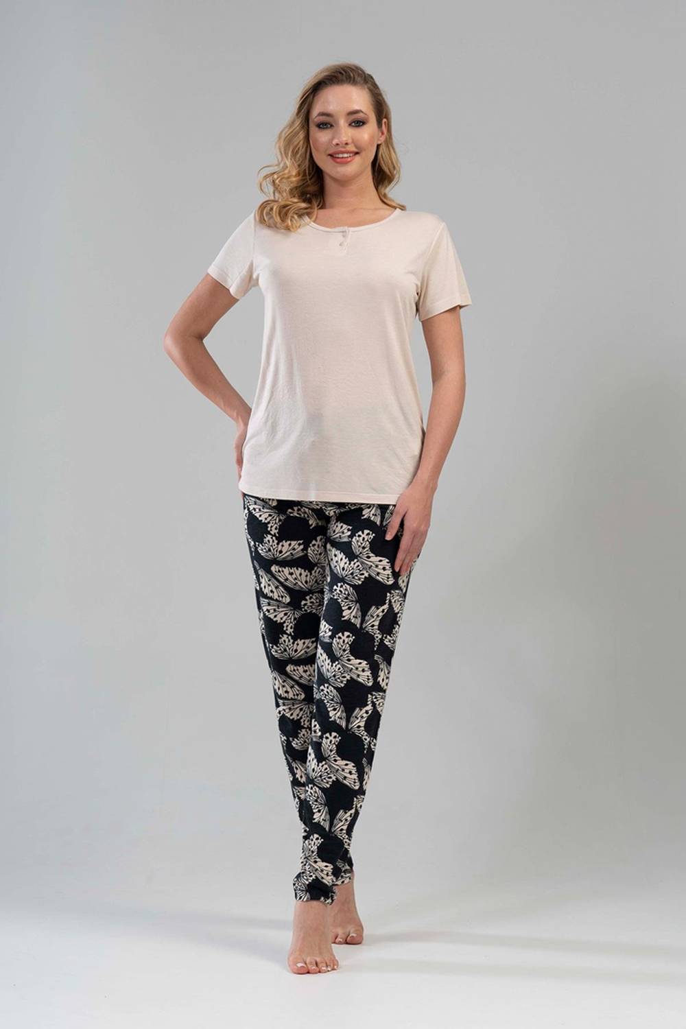 Короткий рукав, длинные брюки, пижамный комплект для женщин | Kompedan 1113692908, 80% вискоза, 20% полиэстер, безвредные материалы