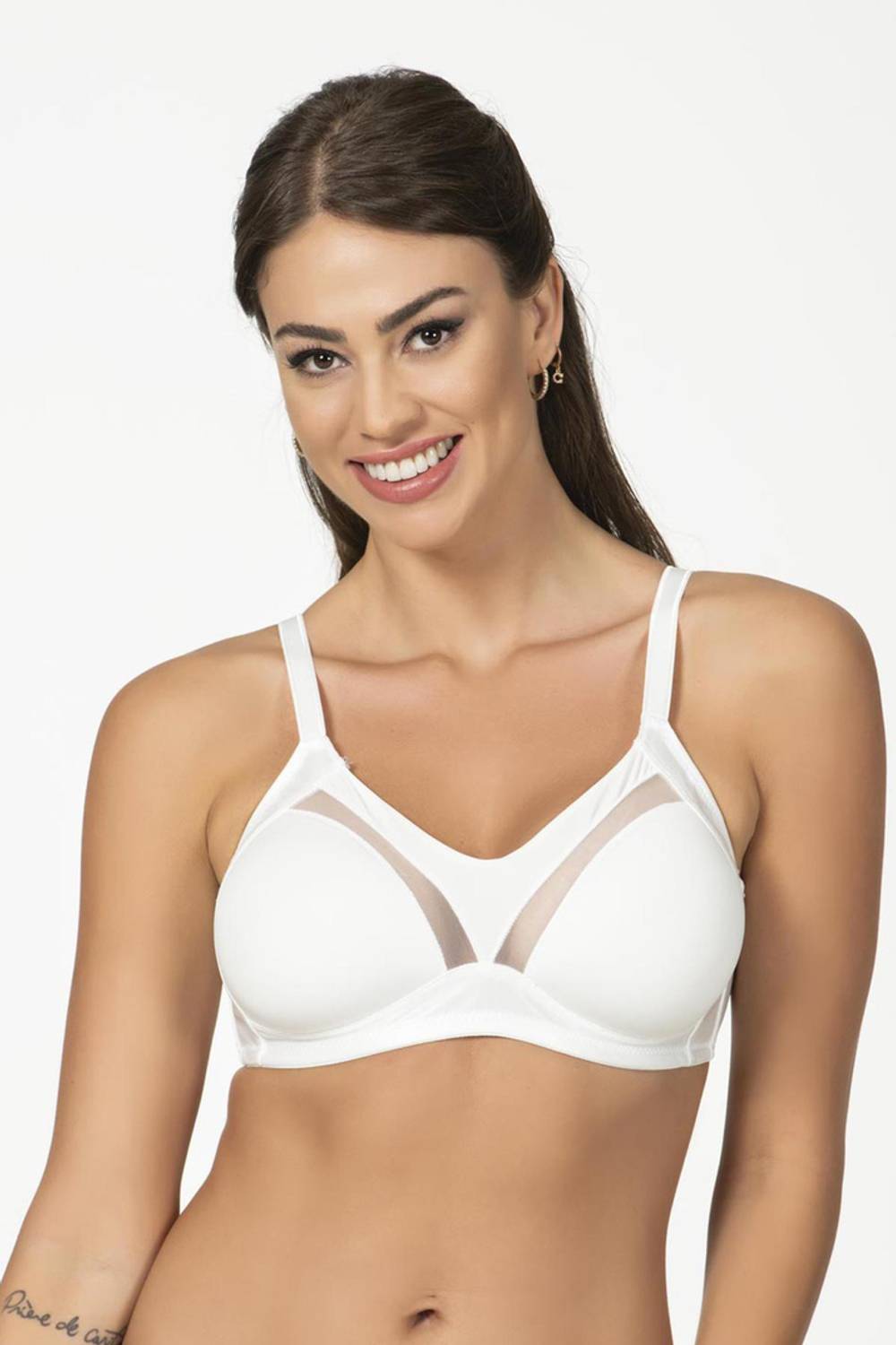 Безкаркасный минимизирующий бюстгальтер с прозрачными деталями, широкими бретелями, подходит для больших размеров, цвет экрю