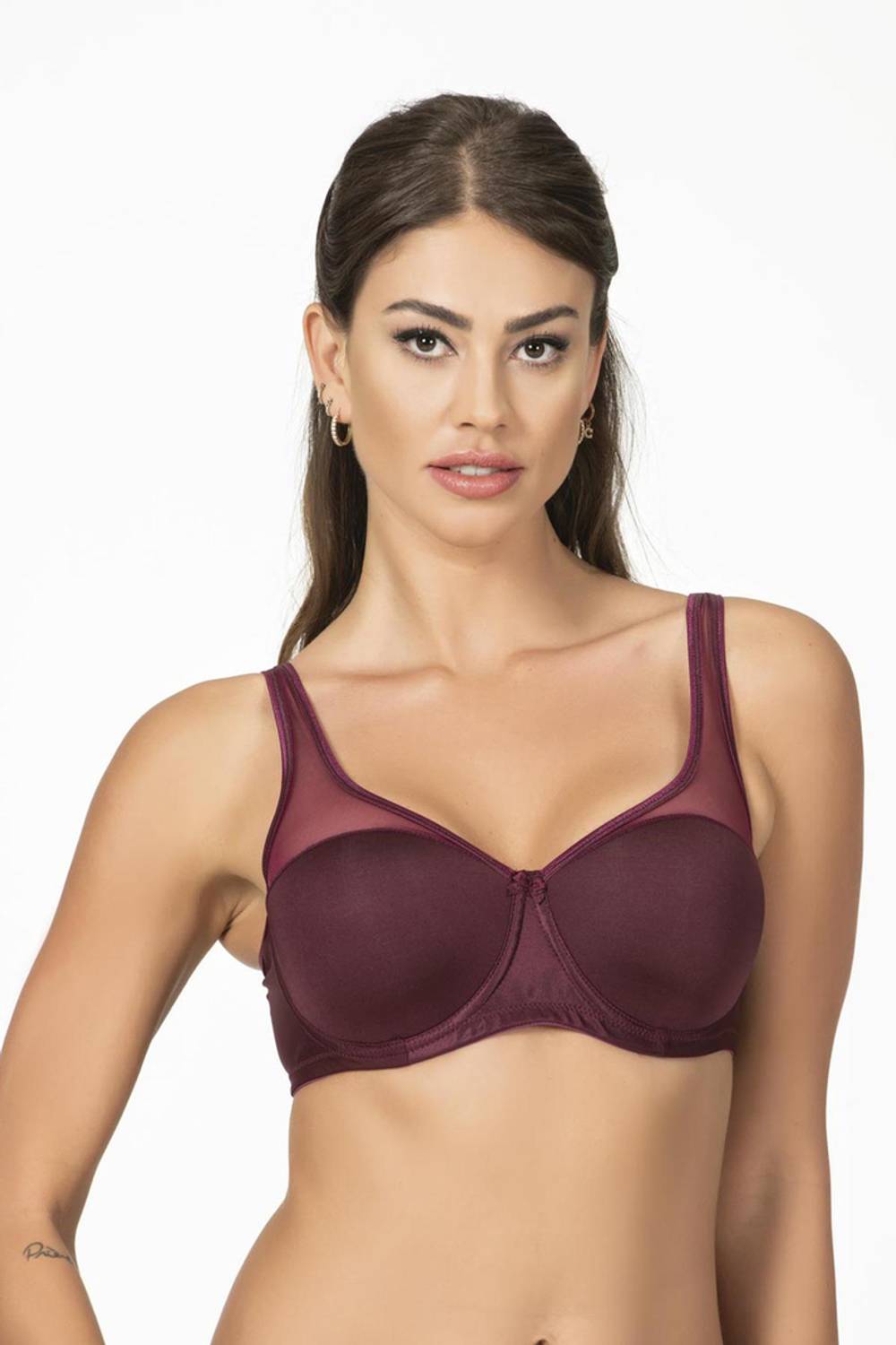 Минимизирующий бюстгальтер без поддержки с тюлевой отделкой бордового цвета, идеально подходит для женщин больших размеров