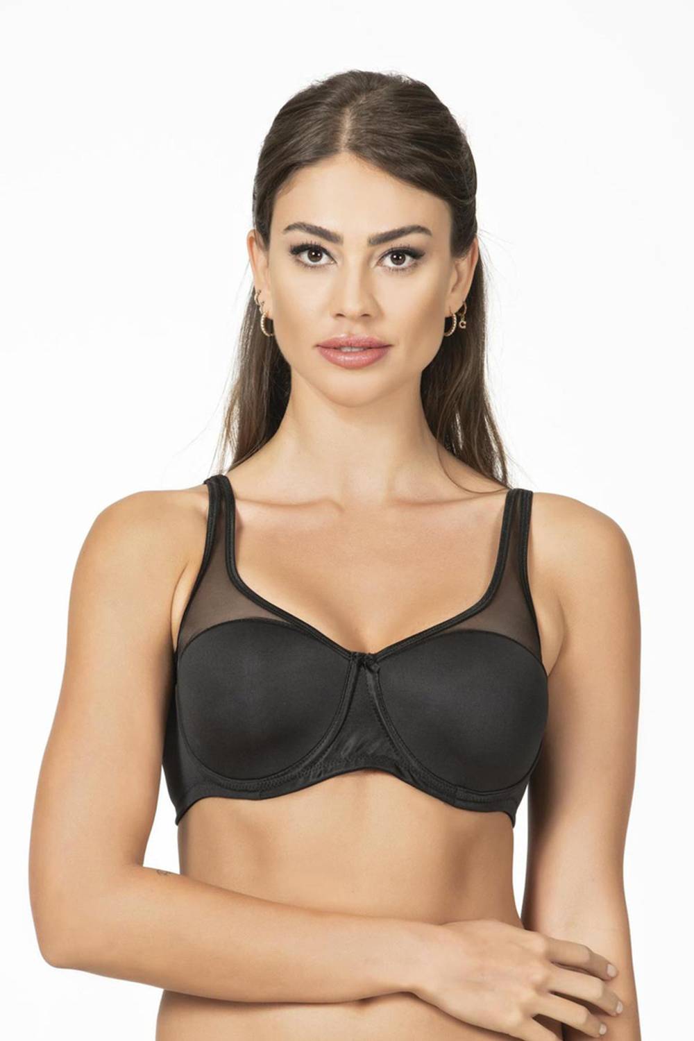 Безкаркасный минимизирующий бюстгальтер с тюлем | Чёрный 704, комфортный, поддерживающий, элегантный, для больших размеров, бесшовные чашки