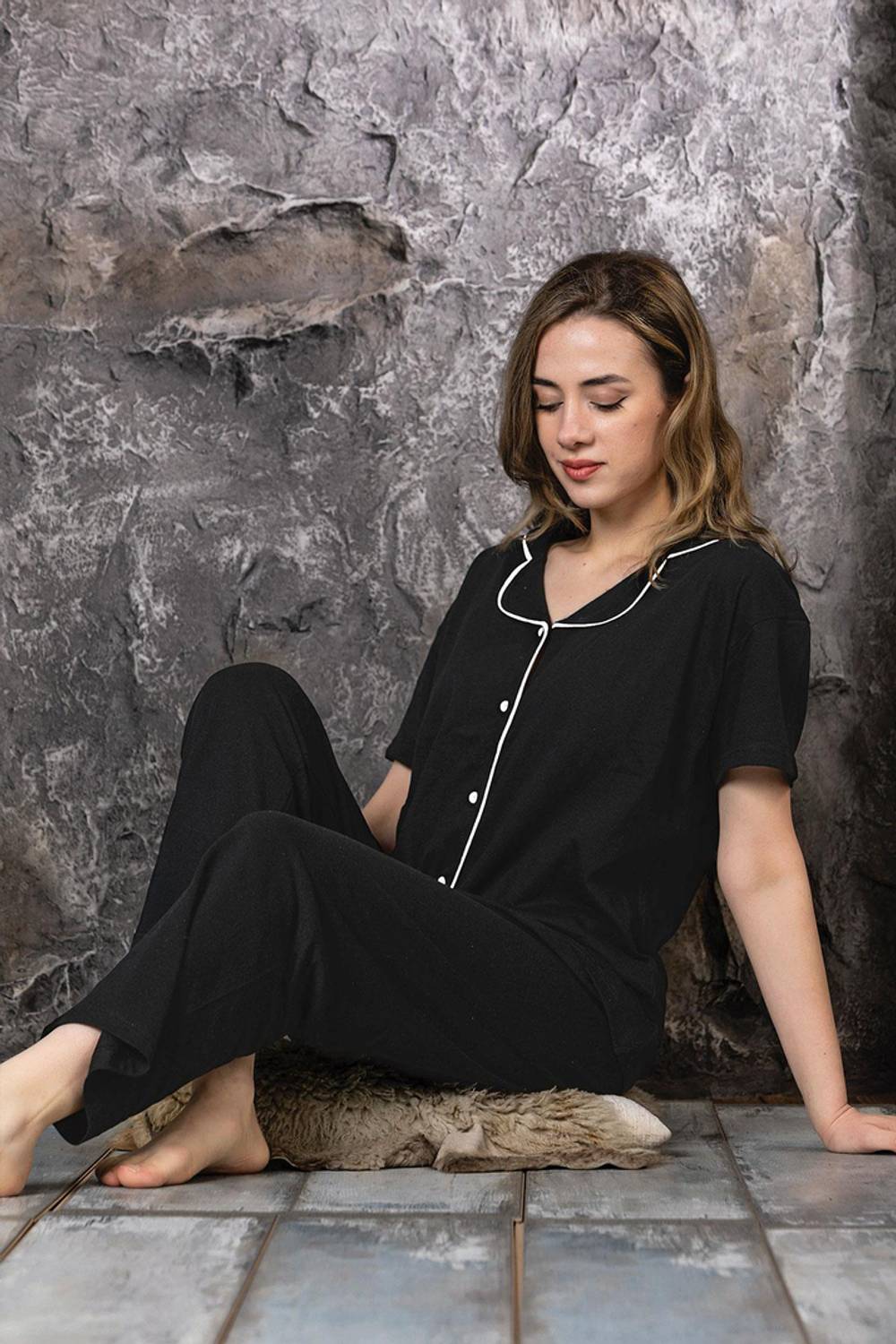 Молодежный пижамный комплект с пуговицами спереди, черный, размер S, M, L, бренд Underwear