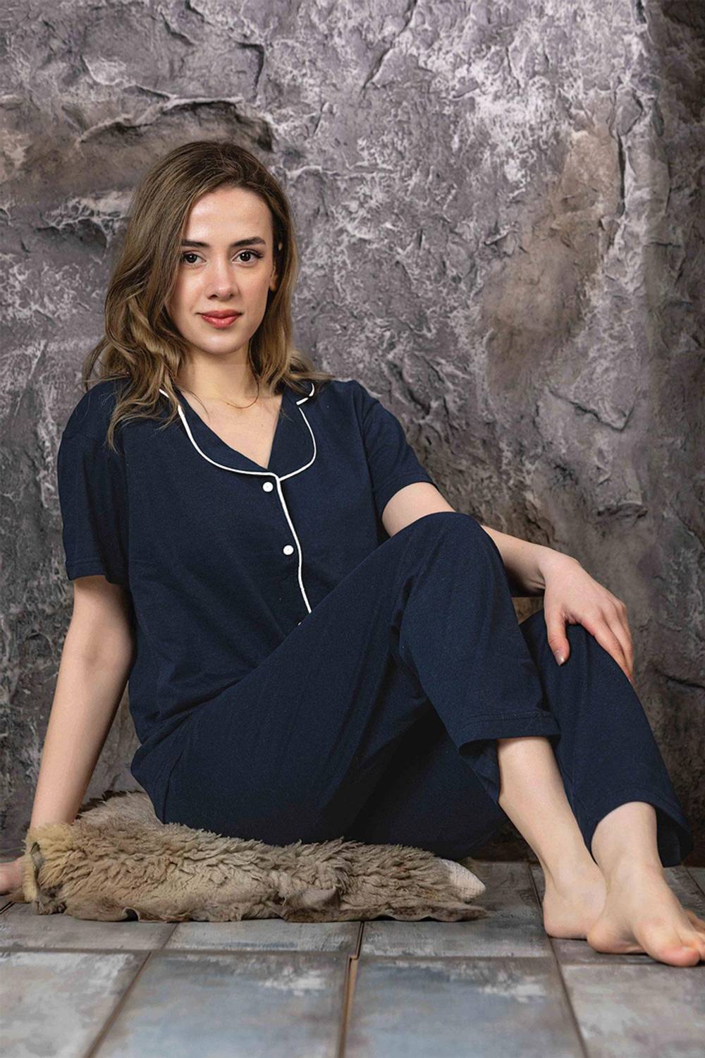 Пижамный комплект с пуговицами спереди и обрезкой для женщин, цвет темно-синий, размеры S, M, L, XL от бренда Underwear