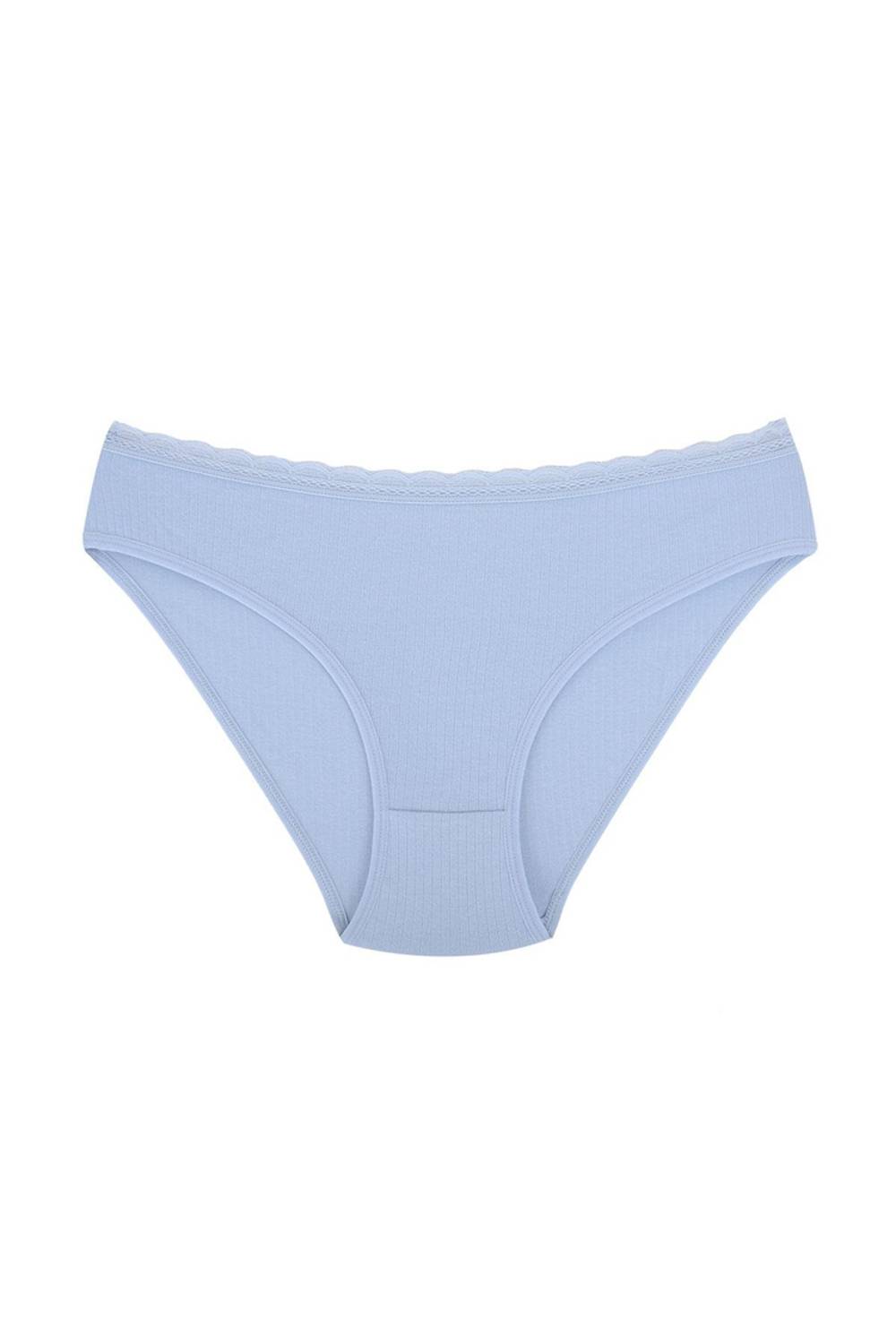 بكيني سليب مرن من القطن مزين بالدانتيل بشريط مضلع | اللون الأزرق مقاسات S/M و L/XL