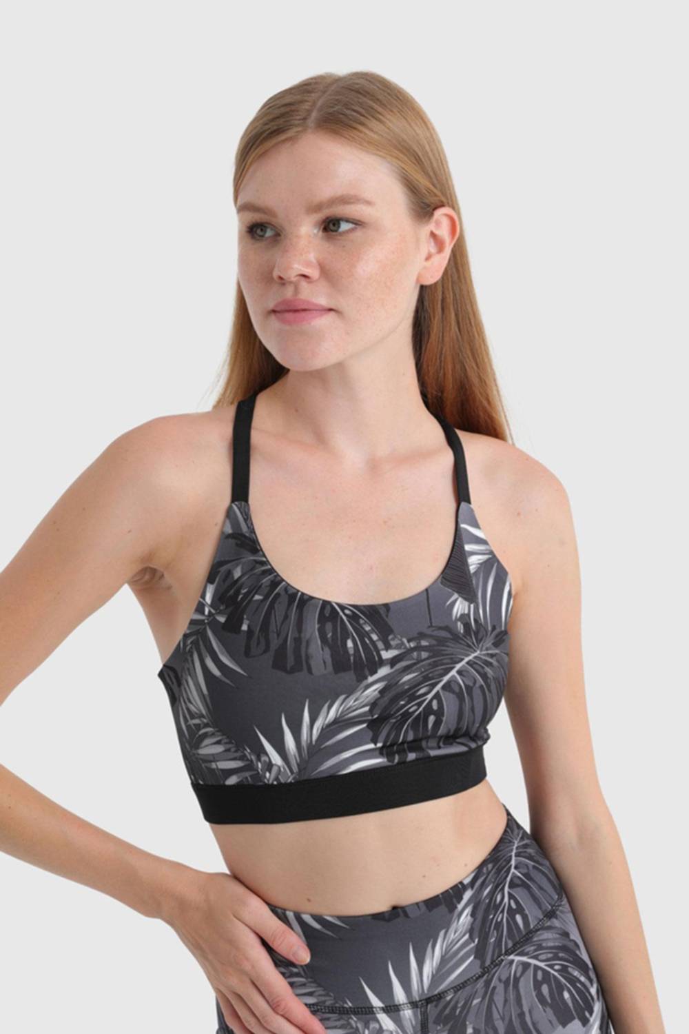 Чорний спортивний бюстгальтер з крос-поясом і візерунками, розміри S, M, L, XL