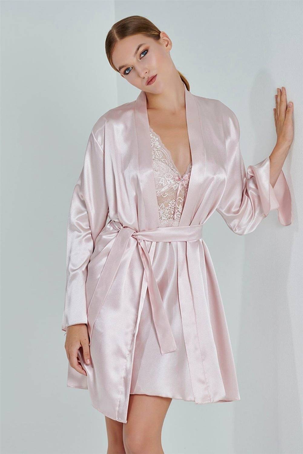 Элегантный сатиновый комплект из 6 предметов для приданого | Пудровый цвет, размеры: S, M, L, XL