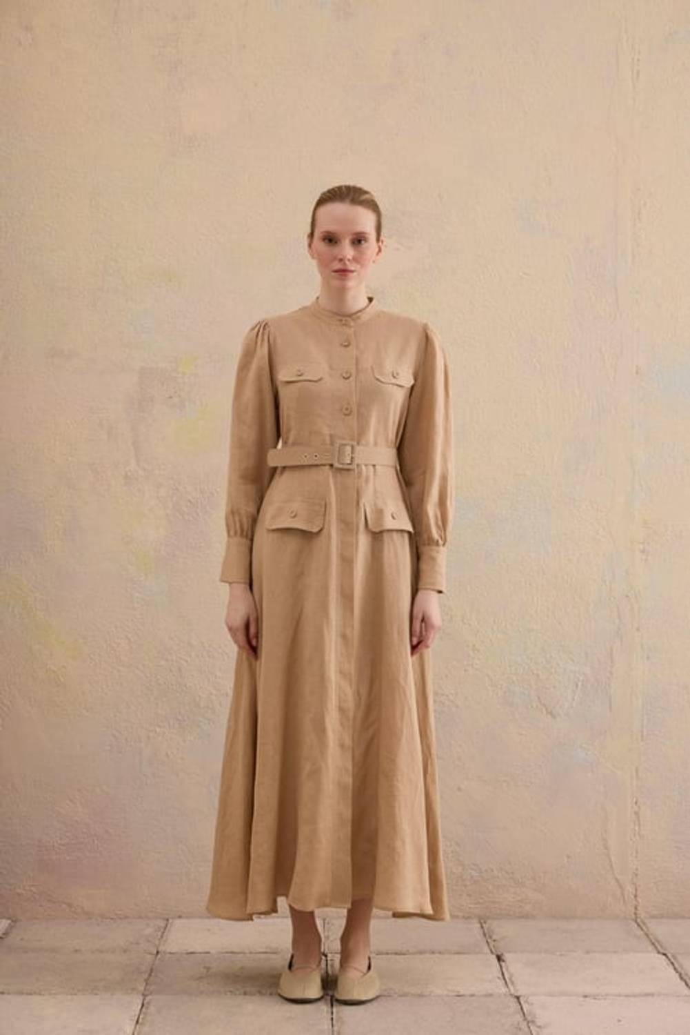 ALBİ KETEN ELBİSE BEJ