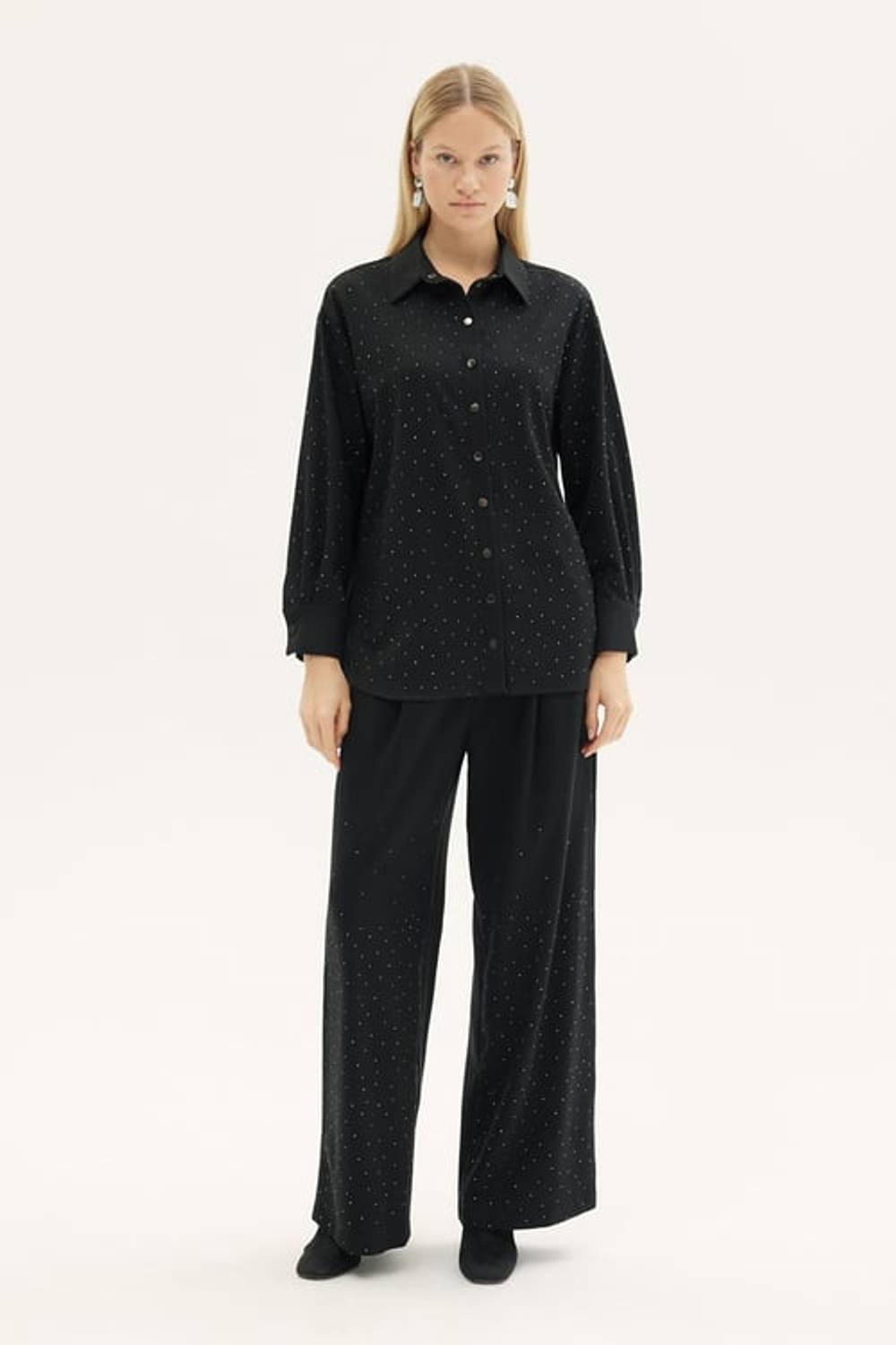 INES TAŞLI PANTOLONLU TAKIM SİYAH