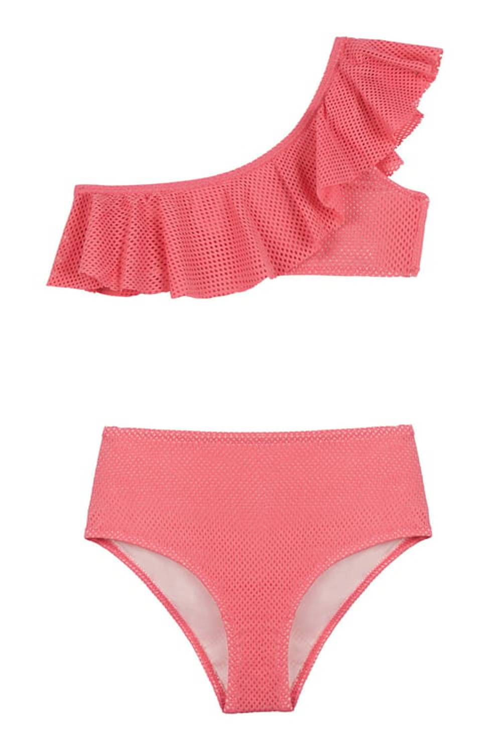 Kids Volanlı Fileli Tek Omuz Bikini Takım