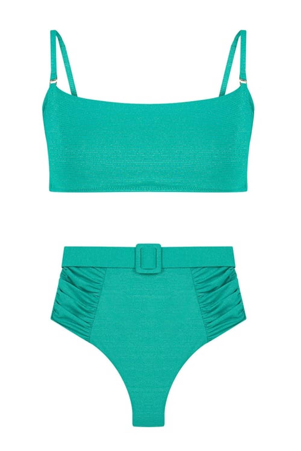 Kare Yaka Simli Yeşil Bikini Takım