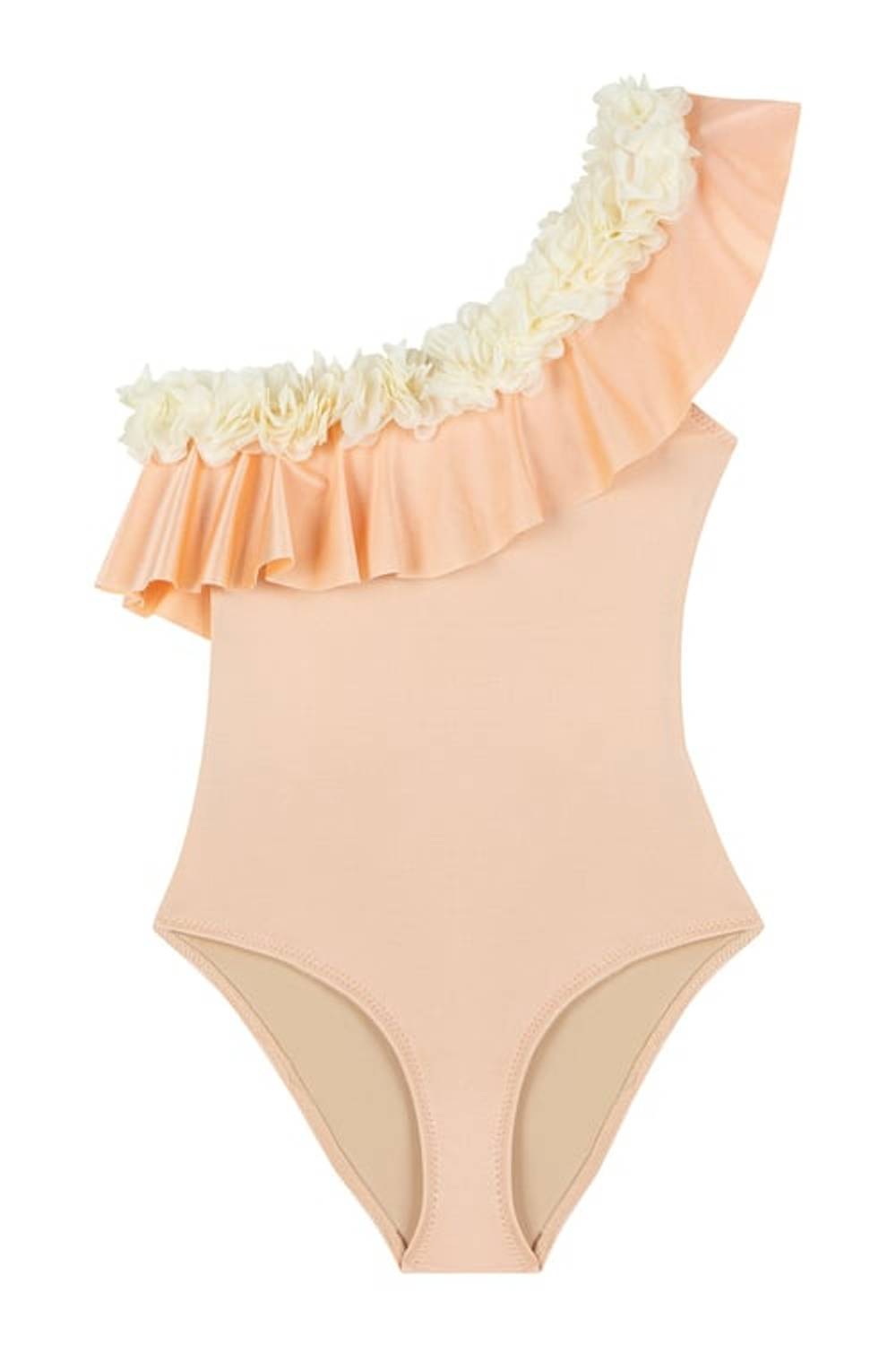 Asimetrik Şifon Çiçek Aplikeli Yavruağzı Mayo