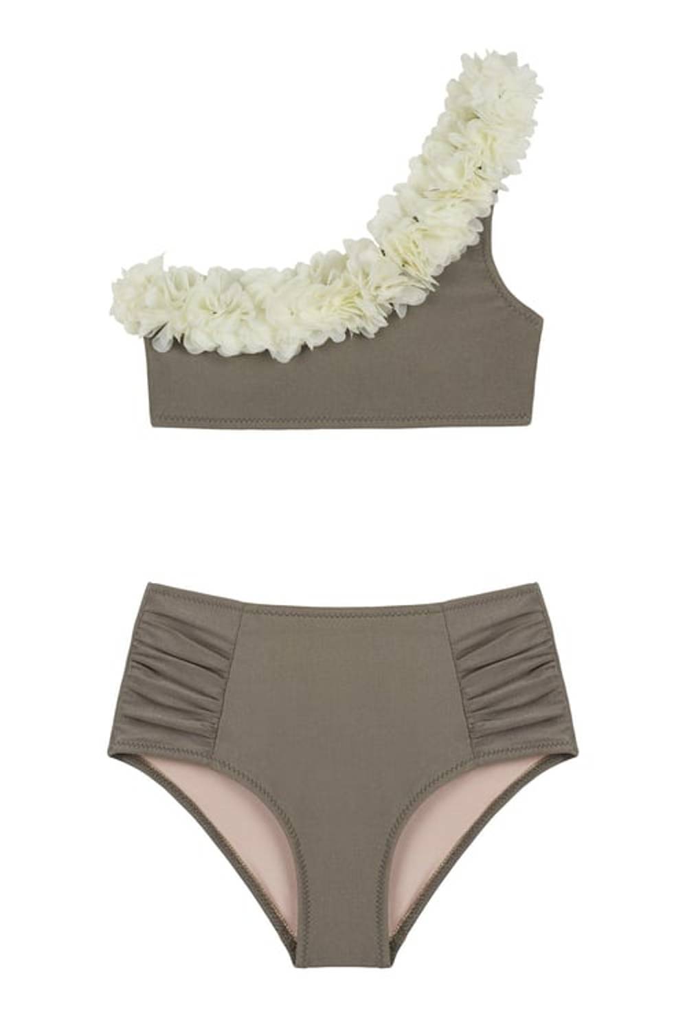 Kids Tek Omuz Şifon Çiçek Detaylı Haki Bikini Takım