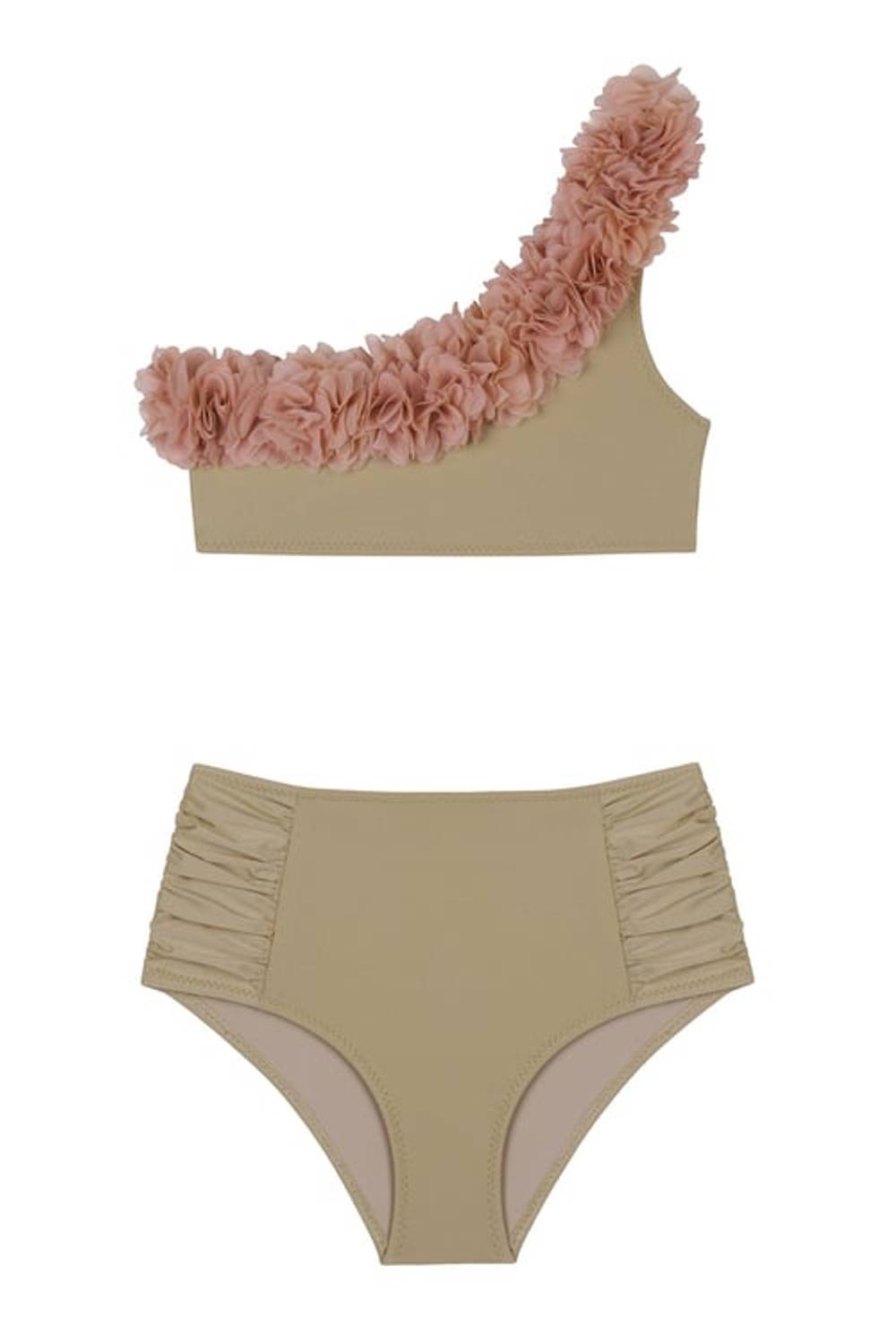 Kids Tek Omuz Şifon Çiçek Detaylı Bej Bikini Takım