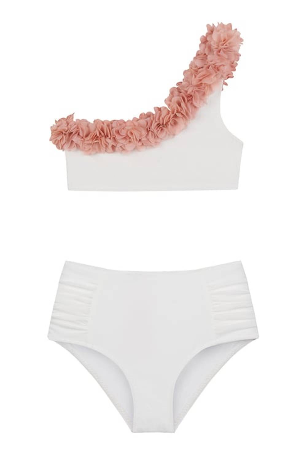 Kids Tek Omuz Şifon Çiçek Detaylı Beyaz Bikini Takım