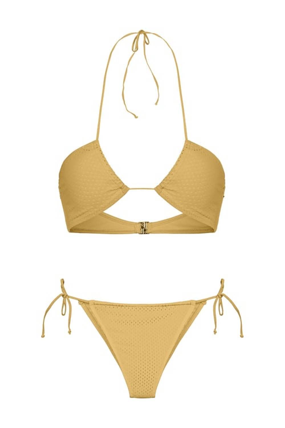 Halter Yaka Sarı File Bikini Takım