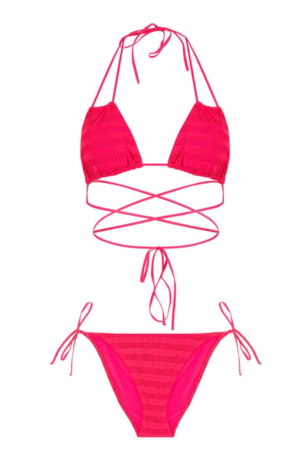 Üçgen Fuşya File Bikini Takım