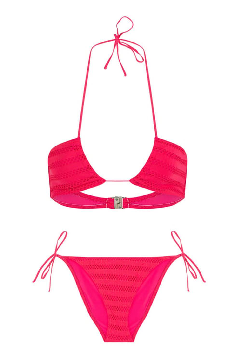 Halter Yaka Fuşya File Bikini Takım