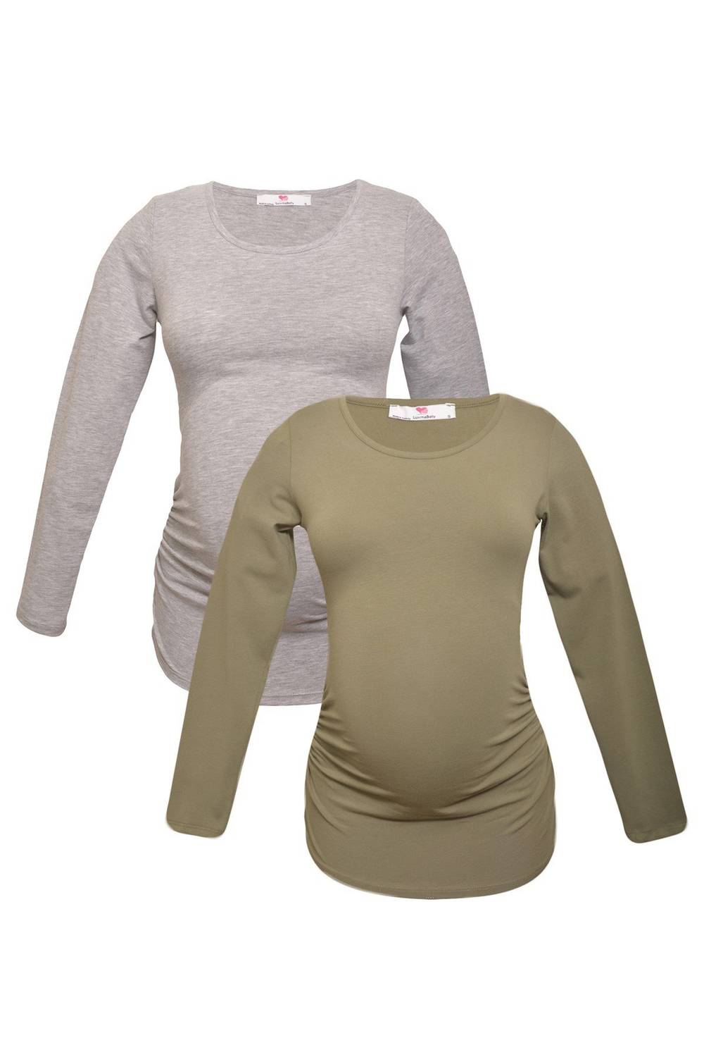 Комплект футболок для вагітних LuvmaBelly MYRA2304_2307 з 98% бавовни та 2% еластану, два кольори: сірий та хаки, розміри S, M, L, XL