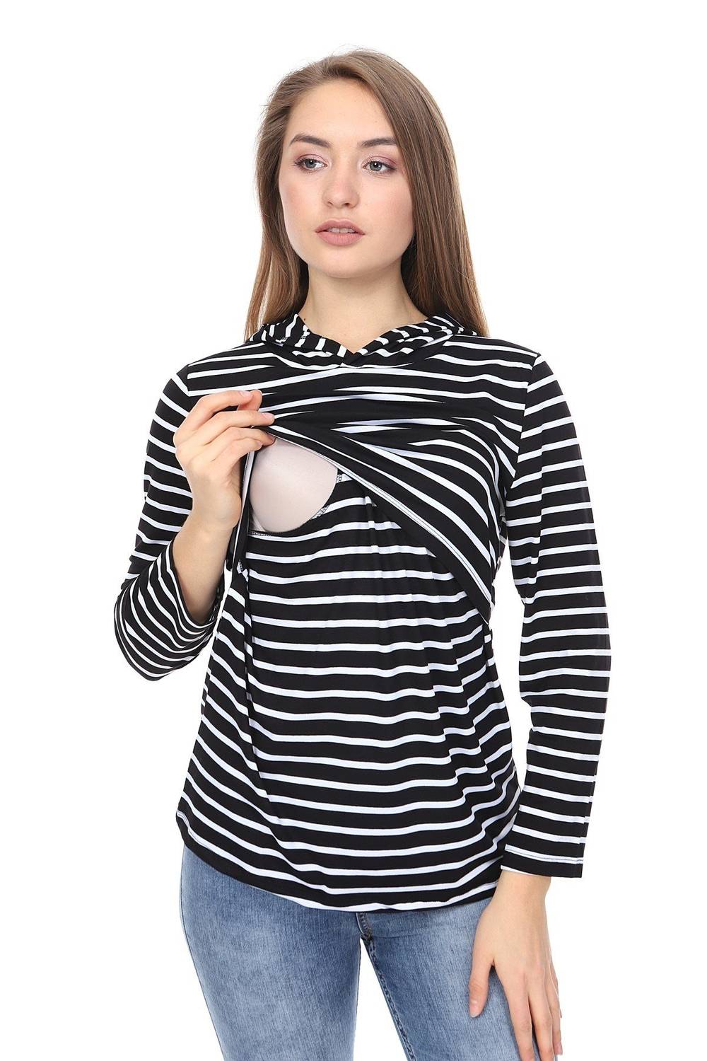 LuvmaBelly MYRA3520 Black Striped Hooded Breastfeeding Sweatshirt