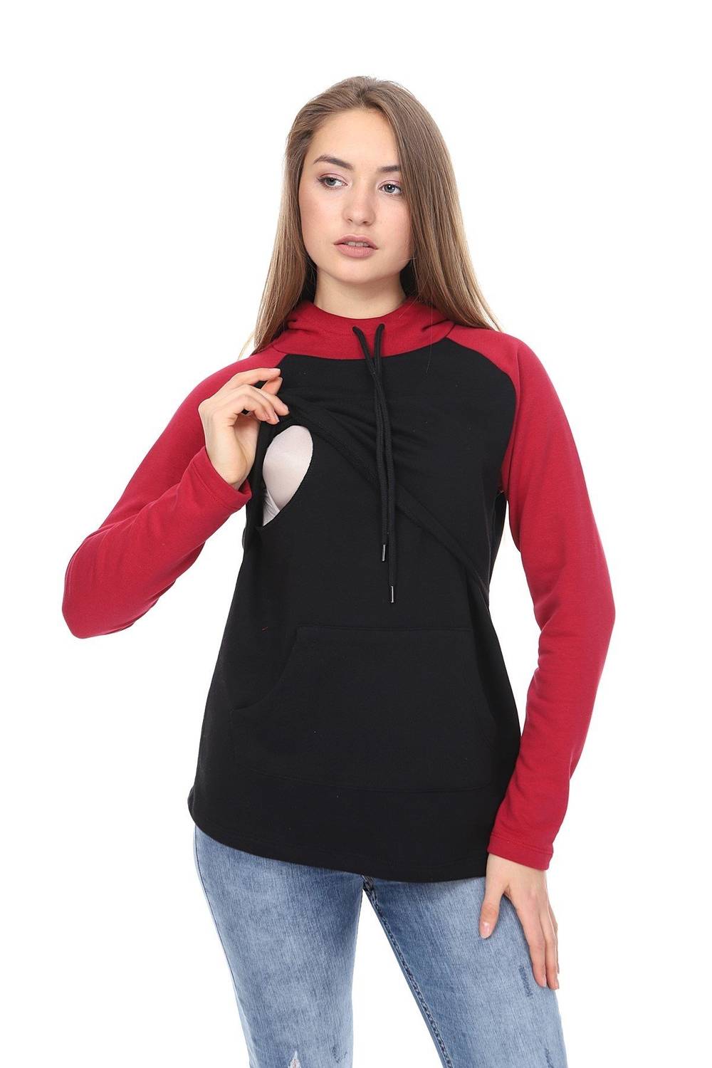 LuvmaBelly MYRA4525 Claret Red & Black Pieced Breastfeeding Sweatshirt with Hood and Pocket