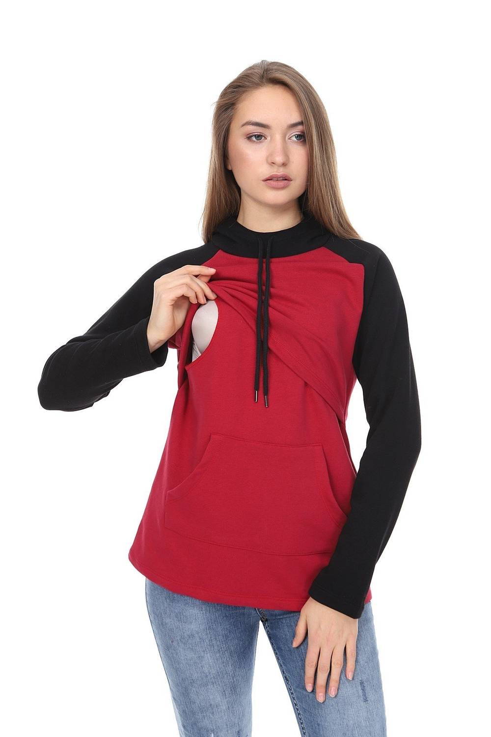 LuvmaBelly MYRA4523 Siyah&Bordo Parçalı Kapüşonlu ve Cepli Emzirme Sweatshirt